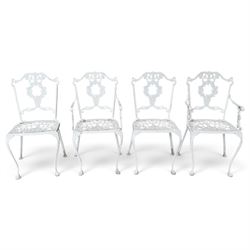 Regency design white-painted aluminium garden table, square pierced top with scrolling acanthus leaf decoration, splayed supports joined by pierced circular under-tier (W75cm H72cm), the chairs with scrolling and floral garland design backs over pierced foliate seats with cabriole supports (W48cm H90)