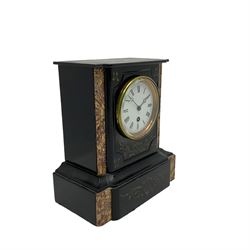Belgium slate mantle clock c1880 with a flat top and break front case, with incised decoration and variegated sienna and amber marble inlay to the front, eight-day timepiece movement with an enamel dial, Roman numerals, minute markers and steel moon hands. With pendulum.

