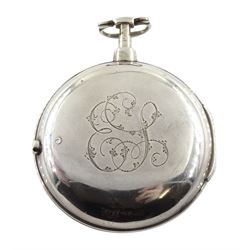 George III silver pair cased verge fusee pocket watch by Hollison, Liverpool, No. 2801, round pillars, pierced and engraved balance cock decorated with a classical urn, white enamel dial with Arabic numerals, bull's eye glass, case makers mark W H, Birmingham 1804