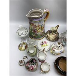Stevenson & Hancock flower encrusted potpourri vase with cover, together with Dresden twin handles chocolate pot and cover, Doulton Lambeth Slaters Patent Jardiniere, Halcyon Days pill box with yorkshire terrier decoration, Spode pill box with gilt decoration, and other ceramics