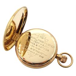 Early 20th century 9ct gold open face Swiss lever presentation pocket watch, retailed by W. Batty & Sons Ltd the inner dust cover engraved, case by Eclipse Watch Company, Birmingham 1925, in original velvet and silk lined case