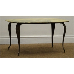  Early 20th century marble top coffee table, brass cabriole legs, W78cm, H40cm, D45cm  
