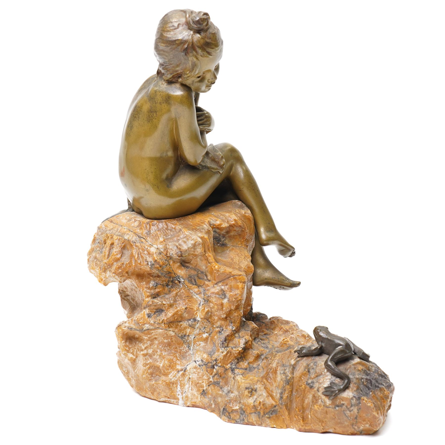 Attributed to Charlotte Monginot (French 1872-1934) - Bronze and marble figure of a child sitting on a rock ,a frog at her feet, signed H26cm x L19cm