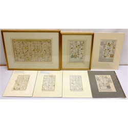 Owen & Bowen: 'Oxford', 'Preston' and 'New Radnor', three 18th century engraved strip maps with later hand-colouring; Thomas Bowen: 'A Map of the Roads from London to Barnard Castle', engraved strip map with later hand-colouring pub. 1774; Daniel Paterson (British 1739-1825): three Yorkshire engraved strip maps pub. Paterson's British Itinerary; and a facsimile copy of John Ogilby's 'Britannia' pub. 1939, max 19cm x 30cm (8)