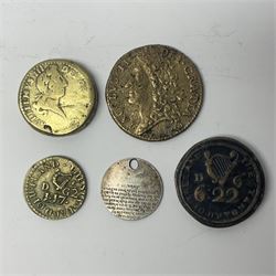 George III gaming tokens, various coin weights, Queen Victoria India 1877 two annas coin with The Lords Prayer engraved to the obverse (holed) and other paranumismatic items 