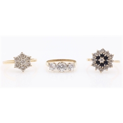  Cubic zirconia cluster gold ring hallmarked 14ct, and two gold dress rings hallmarked 9ct  
