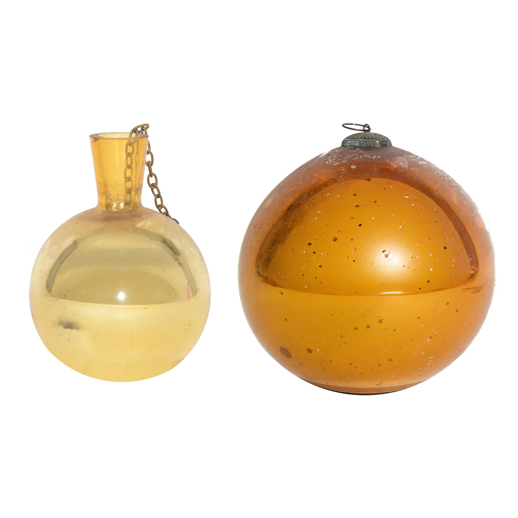 Two gold coloured glass witches ball, one with bottle neck, the other with metal hanging pendant, largest D18cm