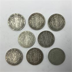 Eight King Edward VII silver half crown coins, one dated 1902, another 1904, four 1906 and two 1907