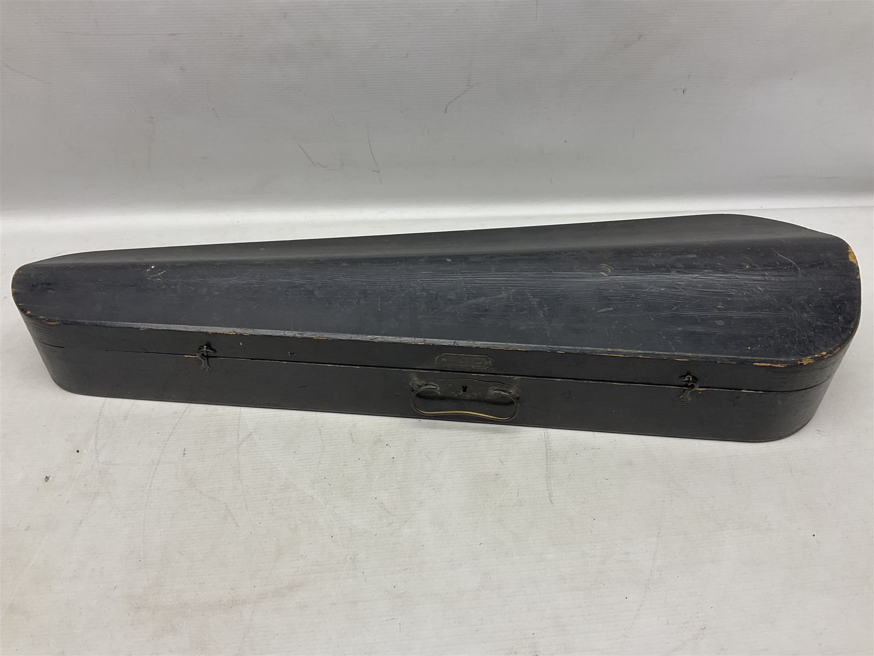 German Hopf violin c1900 with 35.5cm two-piece maple back impressed HOPF, maple ribs and spruce top, also marked HOPF internally L58.5cm overall; in Maidstone ebonised wooden coffin case with bow