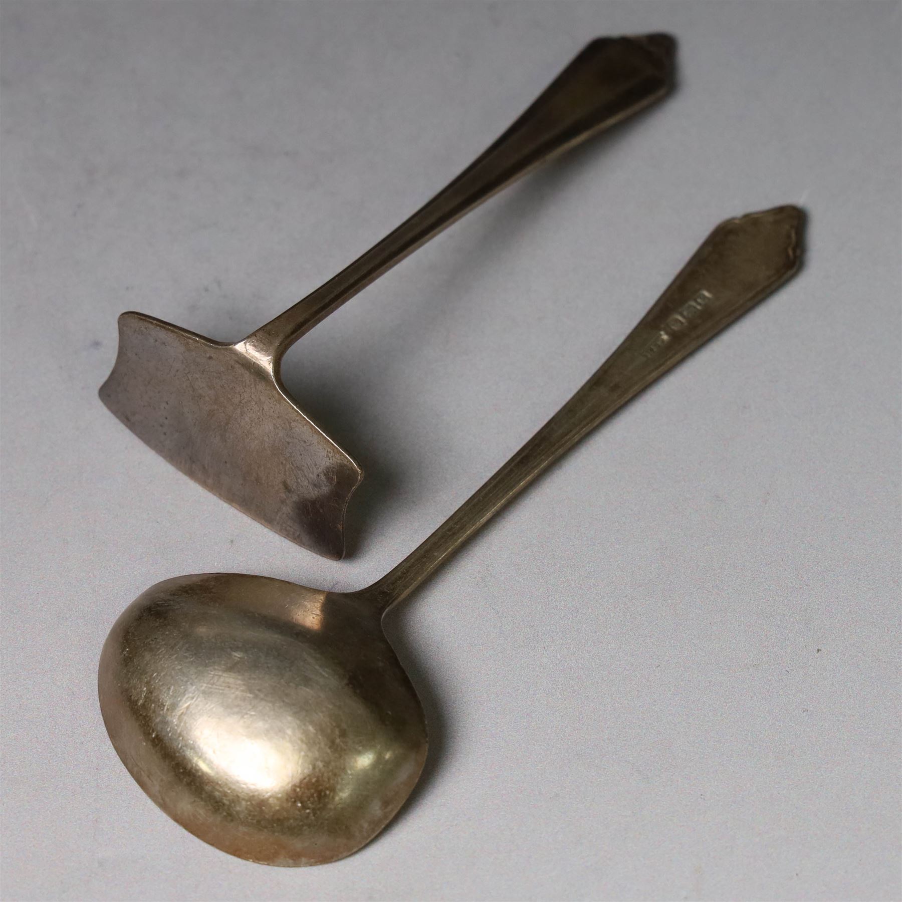 Silver Christening set, comprising spoon, fork and mother of pearl handled knife with engraved initials, together with a silver spoon and pusher set, all hallmarked, in fitted cases