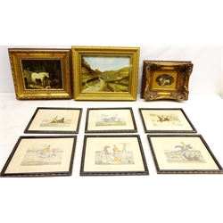  Rural Landscape with Farmhouse and Sheep, early 20th century oil on board unsigned, Horses in a Stable, oil on board, Dogs, colour print in ornate gilt frame and five 20th century Hunting prints max 25cm x 33cm (8)  