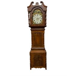 Francis Allison & Co. Finkle Street Richmond - late 19th century 8-day mahogany veneered longcase clock, with a swan’s neck pediment and break-arch hood door flanked by ring turned pillars, broad trunk with cushion moulding and recessed half-pillars to the sides, short trunk door with carved cresting to the top, rectangular plinth with conforming side pillars, fully painted 13” dial with matching brass hands, Roman numerals, minute track, subsidiary seconds and date dials, diagonally matched painted  spandrels and a depiction of a seated shepherd to the break arch, dial pinned directly to an eight-day rack striking movement, striking the hours on a bell. With weights and pendulum. 