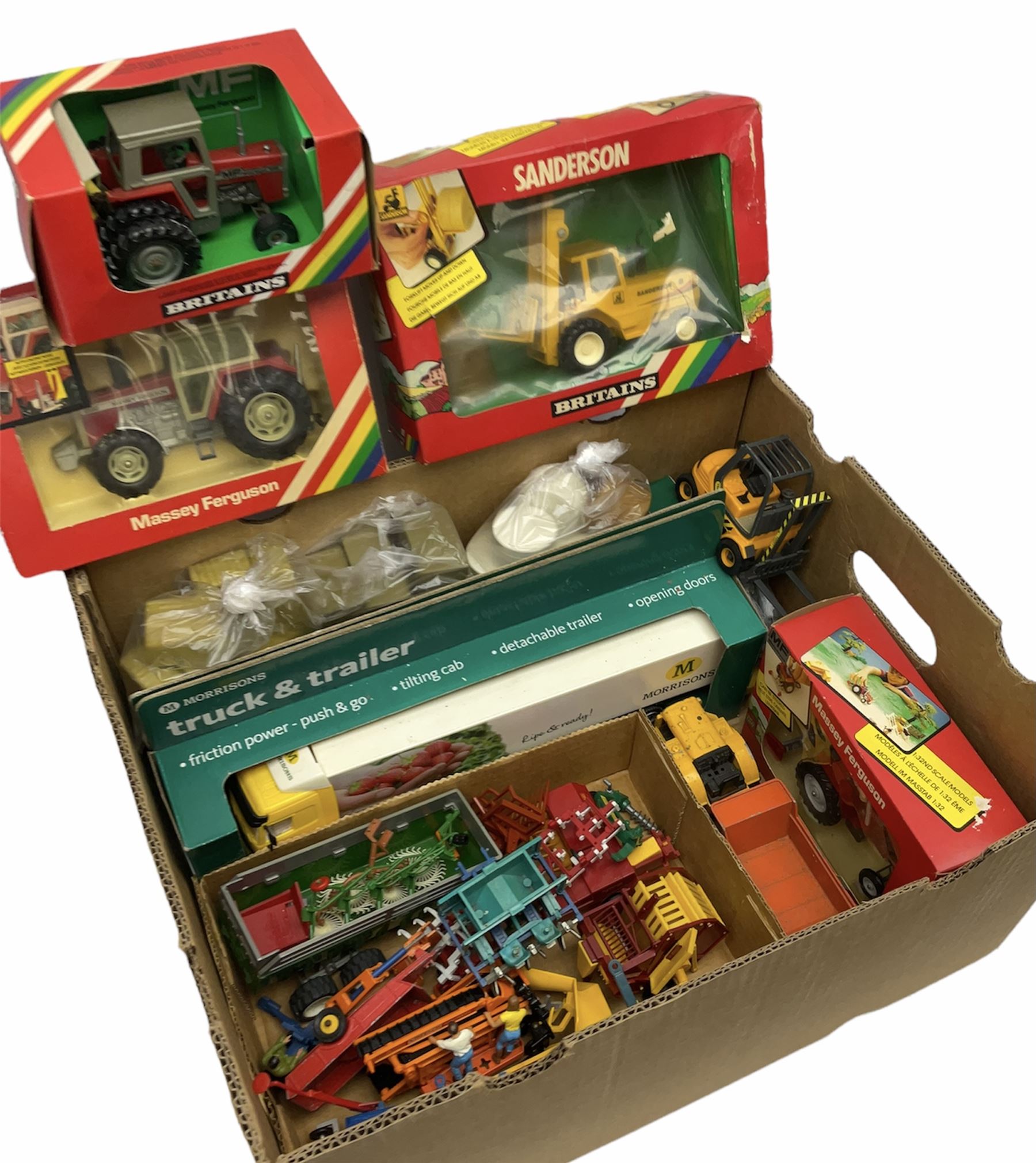 Britains - three Massey Ferguson tractors and Sanderson Rough Terrain Forklift nos.9513, 9514, 9520 & 9529; all boxed; quantity of unboxed accessories and machinery including round baler, hay baler, conveyor, snow plough, post hole auger, Kidd roller, hay bales, milk churns, sacks etc; together with two boxed Morrison delivery trucks etc