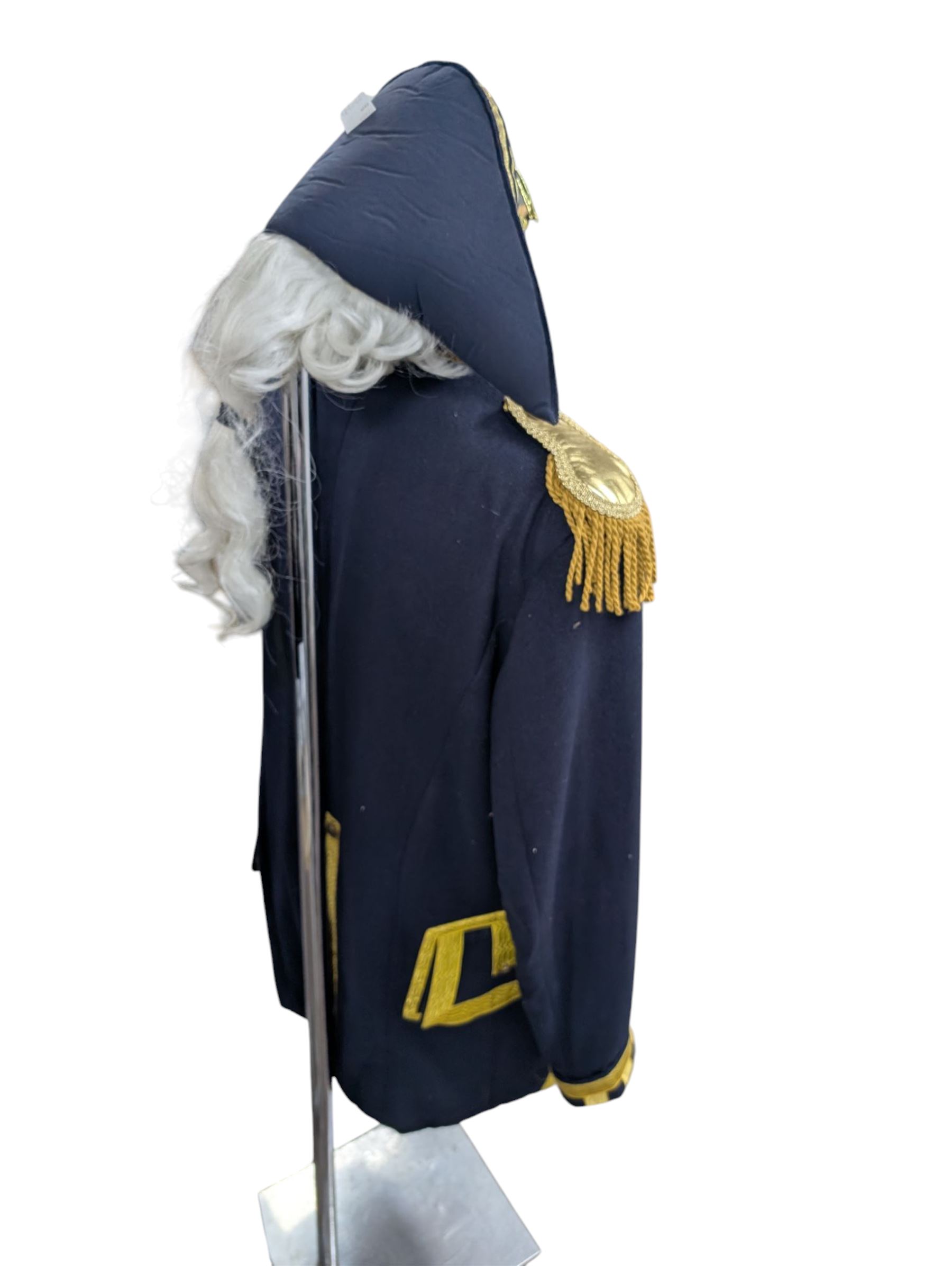 Lord Nelson costume, including hat, jacket and medals, on a black plastic male mannequin