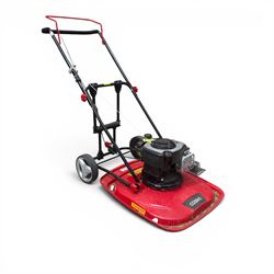 Cobra-  575ex petrol hover mower, with Briggs & Stratton engine, wheeled transport frame and red deck.