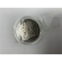 Charles I 1625 hammered silver sixpence, Queen Victoria 1894 crown coin and a cased hallmarked silver medal for the Hull photographic society, engraved '1940' 'Leonard Vokes', all housed in a red Pobjoy Mint coin box