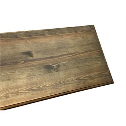 Pine kitchen dining table, rectangular moulded top on painted base, square tapering supports (180cm x 85cm, H78cm); and two matching benches 