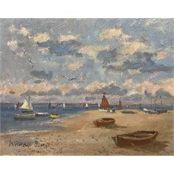 William Burns (British 1923-2010): 'Brancaster Staithe North Norfolk', oil on board signed, titled verso 18cm x 23cm (unframed)
Provenance: direct from the artist's family. Born in Sheffield in 1923, William Burns RIBA FSAI FRSA studied at the Sheffield College of Art, before the outbreak of the Second World War during which he helped illustrate the official War Diaries for the North Africa Campaign, and was elected a member of the Armed Forces Art Society. On his return to England, he studied architecture at Sheffield University and later ran his own successful practice, being a member of the Royal Institute of British Architects. However, painting had always been his self-confessed 'first love', and in the 1970s he gave up architecture to become a full-time artist, having his first one-man exhibition in 1979.