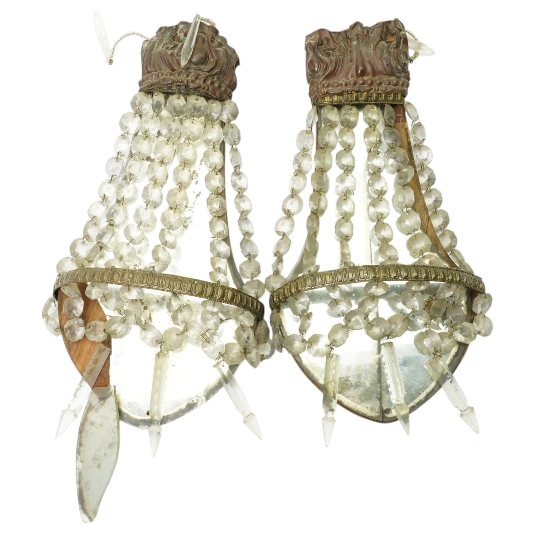 Pair of French Empire wall sconces with mirror panelled backs, hung with button and spear cut lustre drops and with metal mounts, H41cm 