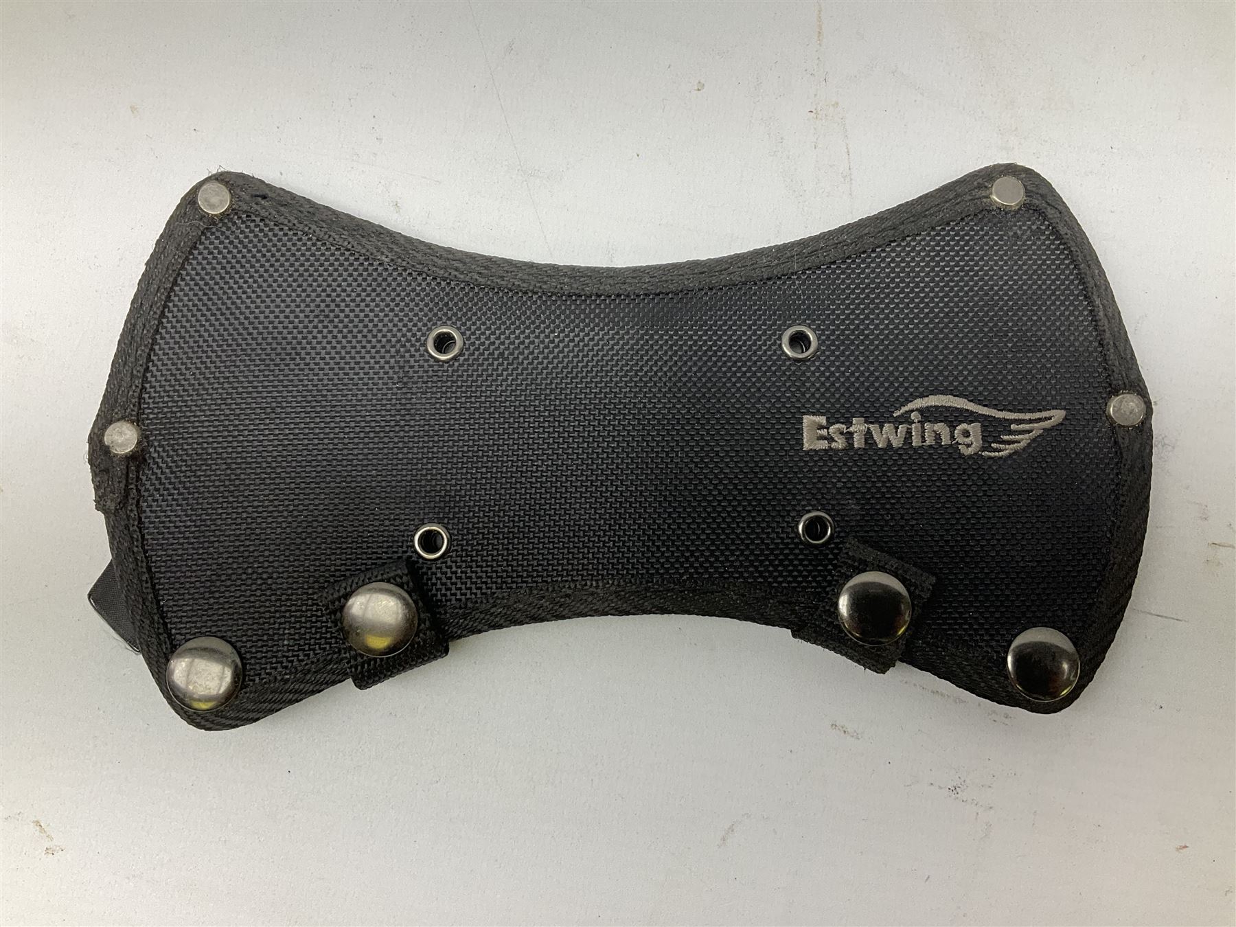 Estwing Black Eagle style double bit throwing axe with leather grip, virtually mint with labels present, plastic blade protectors and nylon sheath L43cm; another smaller Estwing axe stamped 24A to the pommel, with leather grip and sheath; and a vintage short handled hedge knife, the blade stamped IH (?) No.2 (3)