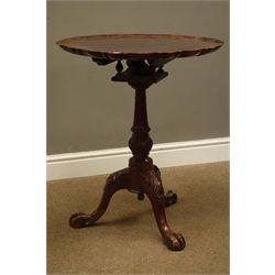  Georgian style reproduction mahogany pedestal table, pie crust moulded top, tilt top action with bird cage, turned and fluted acanthus leaf column, three splayed supports with ball and claw feet, D60cm, H70cm  