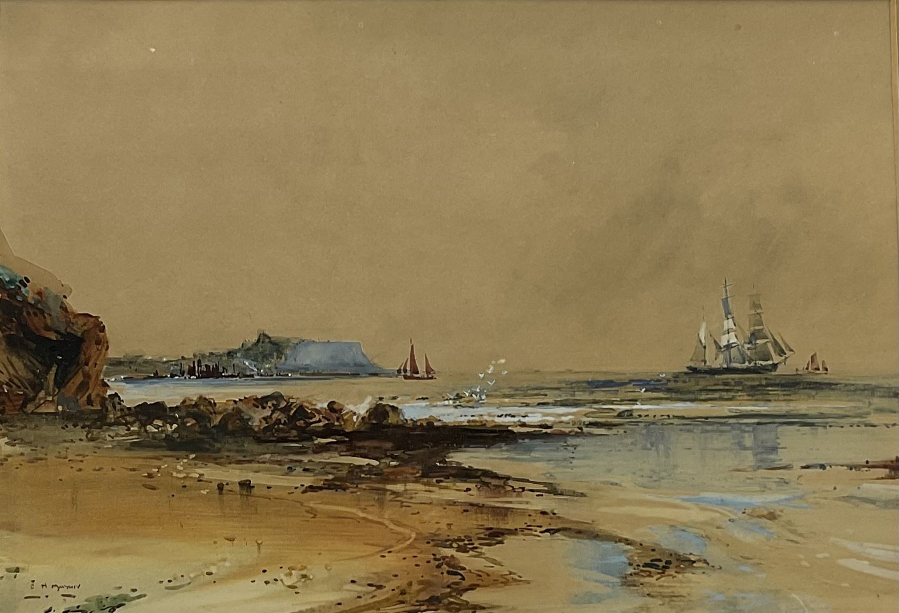 Frank Henry Mason (Staithes Group 1875-1965): Scarborough from Cornelian Bay & Sailing Vessels off the Scarborough Coast, pair watercolours signed 23cm x 34cm (2)