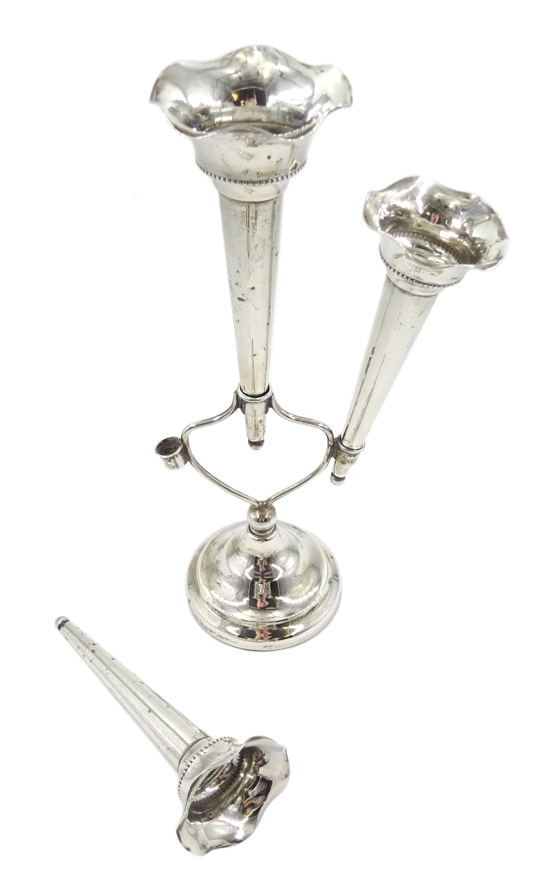 Edwardian silver three branch epergne by Cohen & Charles, Birmingham 1909 and two other silver specimen vases by Sydney & Co, Birmingham 1915
