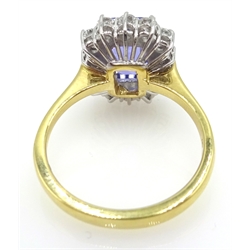  18ct gold emerald cut tanzanite and diamond cluster ring, hallmarked, tanzanite approx 2 carat, diamonds approx 0.7 carat  