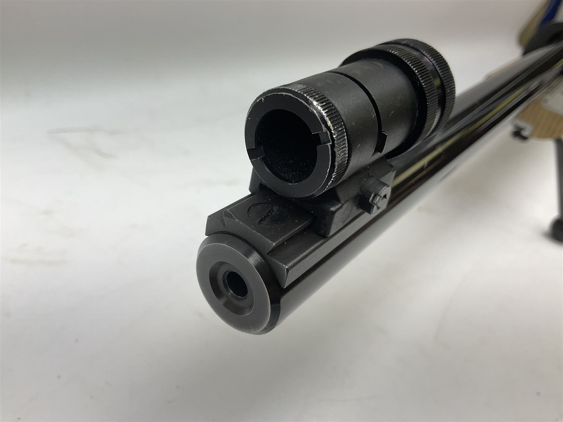 Feinwerkbau, Westinger & Altenburger Germany .22 LR bolt-action target rifle with 67cm barrel, fully adjustable weights and laminated stock, sliding weight rails and vernier rear sight; bi-pod rest at front; No.4225 L123.5cm overall SECTION 1 FIRE-ARMS CERTIFICATE REQUIRED       

