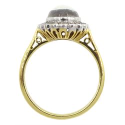18ct gold milgrain set cabochon moonstone and diamond cluster ring, Edinburgh 2000