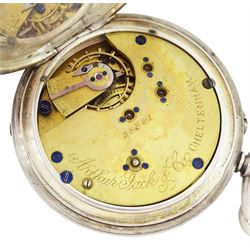 Victorian silver half hunter keyless lever pocket watch by Arthur Jack & Co, Cheltenham, No. 28881, white enamel dial with Roman numeral hour markers and subsidiary seconds dial, case by Errington Watch Company, Birmingham 1898, on silver Albert chain by Edwin Page, Chester 1904 with additional silver case