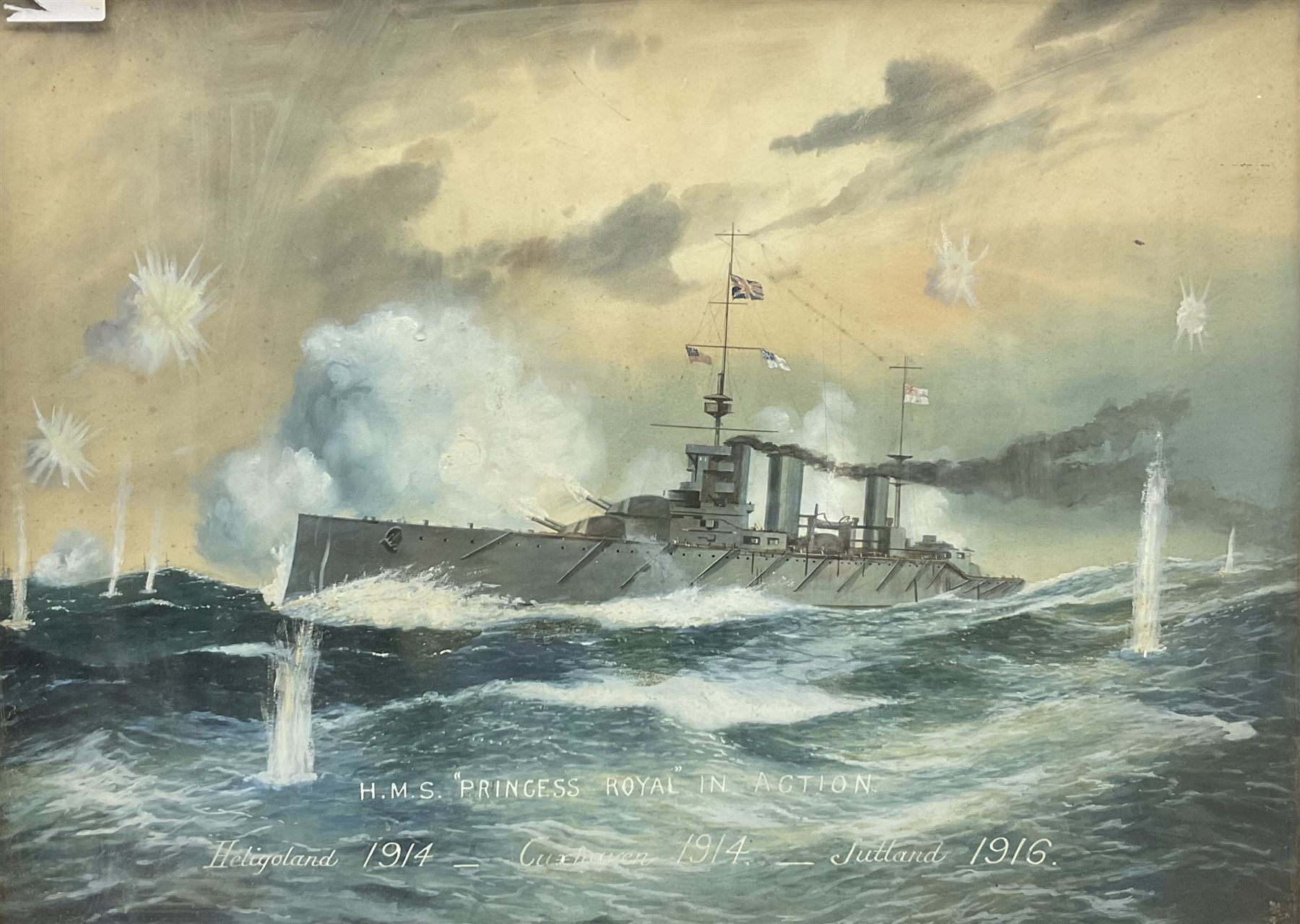 English School (Early 20th century): 'HMS Princess Royal in Action - Heligoland 1914 - Cuxaven 1914 - Jutland 1916', watercolour unsigned and titled 49cm x 67cm