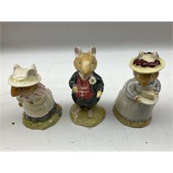 Fifteen Royal Doulton Brambly Hedge figures, comprising Wilfred Toadflax, Dusty Dogwood, Mrs Toadflax, Mr Apple, Primrose Woodmouse, Lord Woodmouse, Poppy Everbright, two Lady Woodmouse, two Old Mrs Everbright, Mr Toadflax, Mrs Apple, Santa Bunnykins and Bunnykins, together with three Royal Albert Wind in the Willows figures comprising Ratty, Badger and Mole, all with printed marks beneath (18)