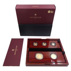 Queen Elizabeth II 'The Sovereign 2018 Five-Coin Gold Proof Set', comprising 22ct gold five pound, double sovereign, full sovereign, half sovereign and quarter sovereign coins, cased with certificate No. 128