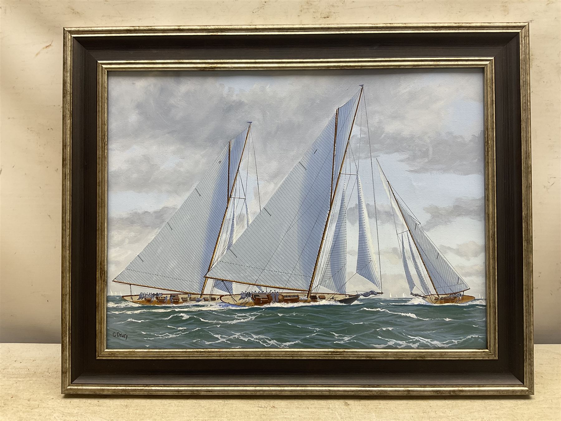 George Drury (British 1950-): 'The Big Class on the Solent - 1926', oil on board signed, titled verso 28cm x 38cm 