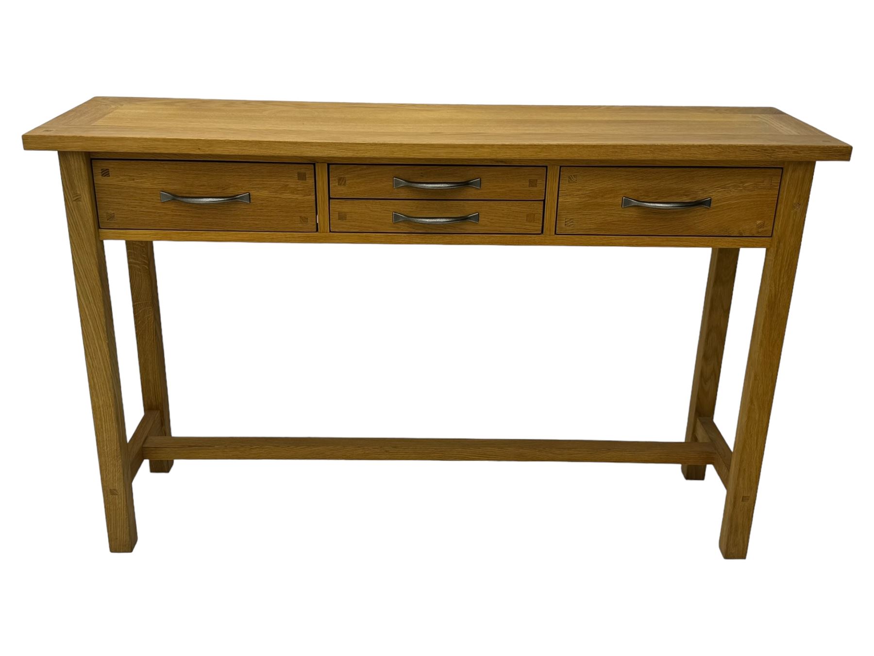 Laura Ashley - contemporary light oak console table, rectangular top over four drawers, on rectangular supports united by stretcher