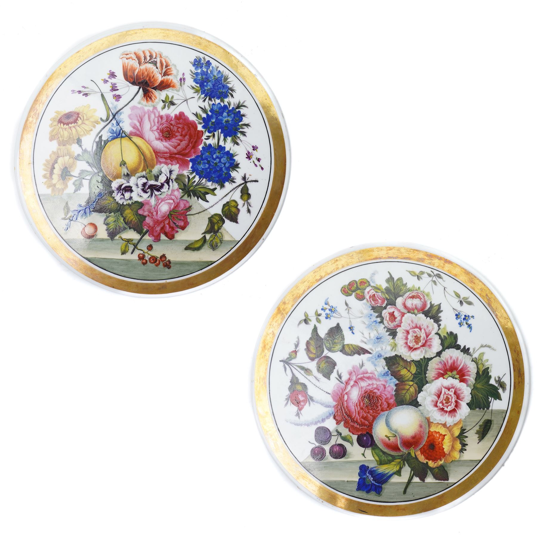 Pair of 19th century French porcelain circular plaques, each painted with fruit and flowers within a gilt lined border D23cm