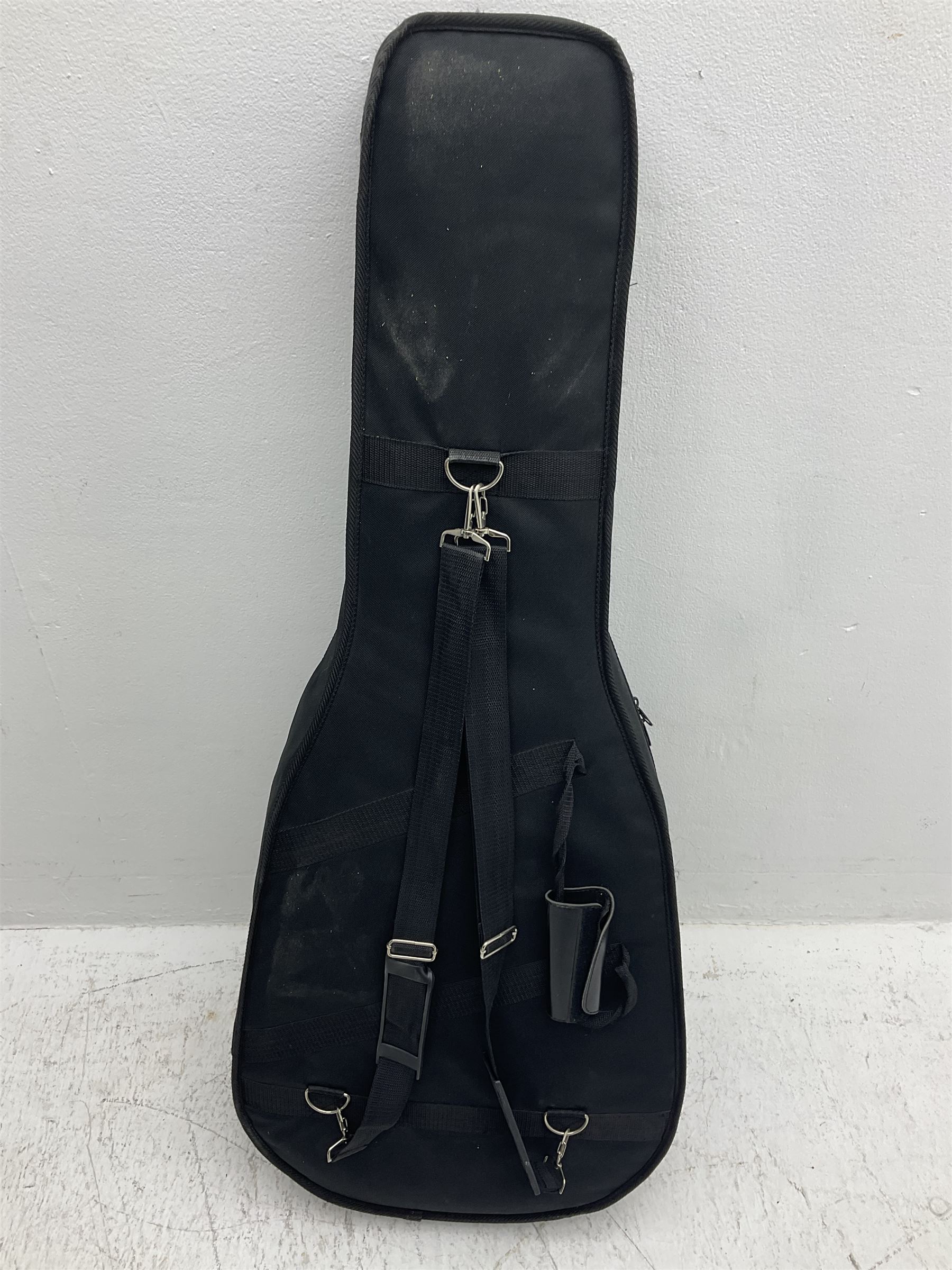 1950s acoustic guitar with f-holes and pickguard L105cm; black fur lined hard carrying case