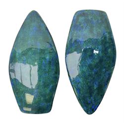Henry George Murphy (1884-1939), pair of Arts & Crafts enamel panels, of flat topped elliptical form in mottled tones of blue and green, H12cm W6cm 