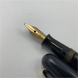 Three Swan Mabie Todd & Co fountain pens, to include lever-filling fountain pen, with ivorine barrel and cap and 14ct gold nib, in original box, a self-filling fountain pen, with navy barrel and cap and 14ct gold nib and one other