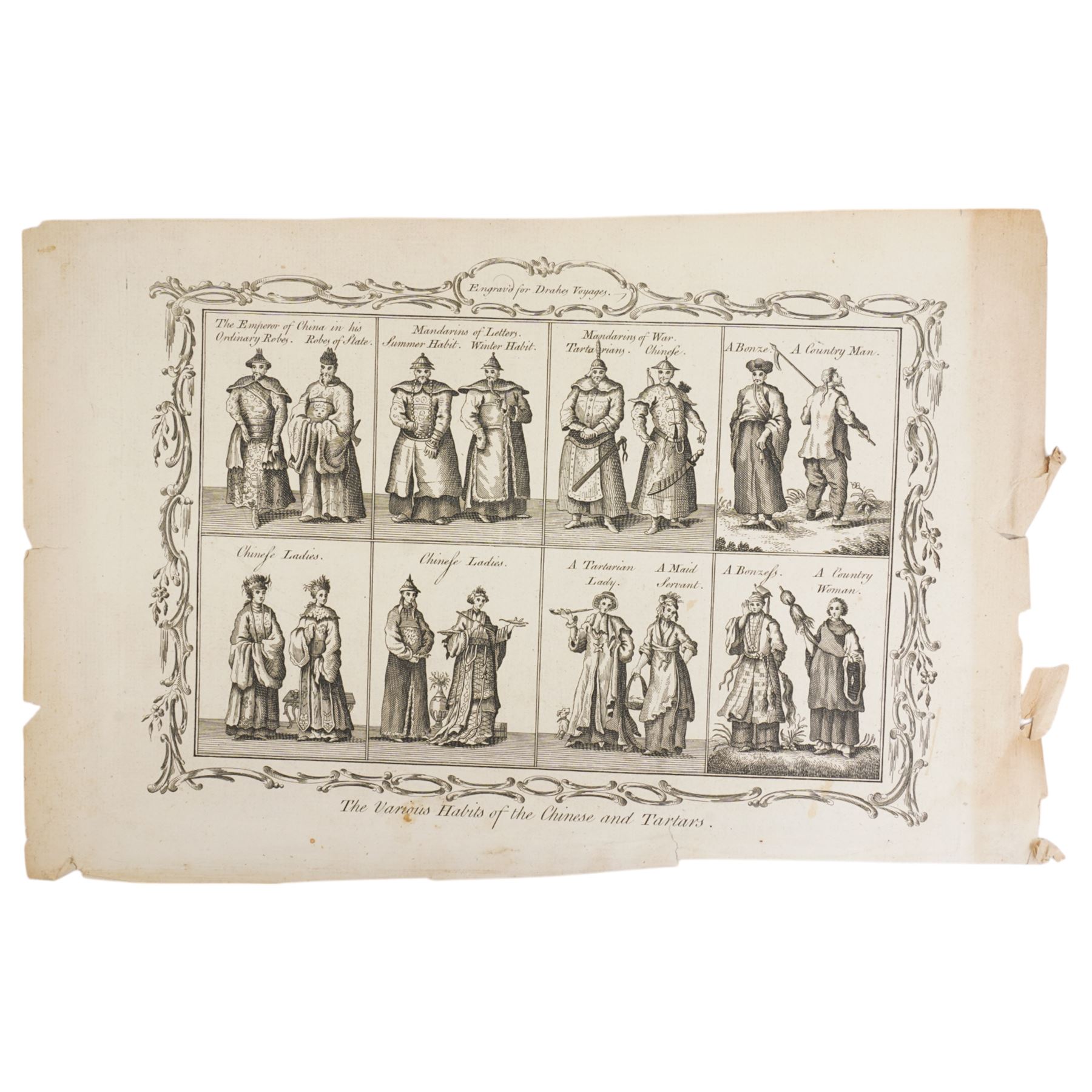 Pair of 19th century Chinese engravings 'The Various Habits of the Chinese and Tartars' 'The Chinese Idol Xekia' and 'The Supreme Monarch of the Chinese Empire', engraved for Drakes Voyages; together with two early 20th century coloured photographs of Peking and The Winter Palace 22cm x 31cm 