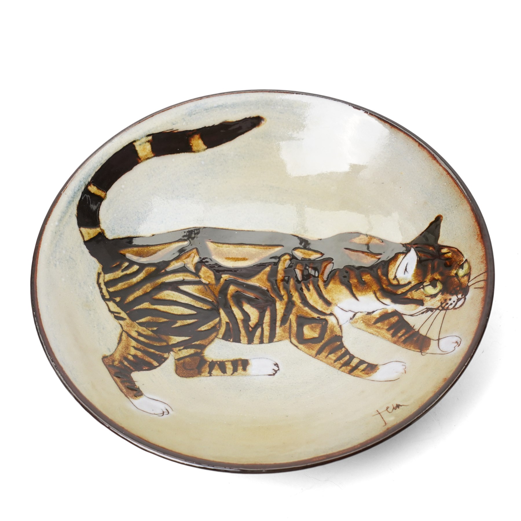 Joyce Morgan cat plate, signed to base, D21cm; George Selim for Goebel seated cat figure, H24cm, and a studio pottery figure of a Siamese, unsigned, H23cm (3)