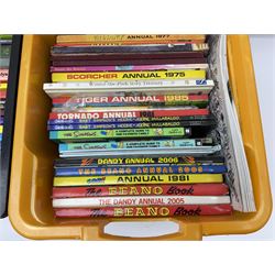 Children's annuals, books and booklets, including Scorcher Annual 1975, Valiant Annual 1977,  Beano Annual 2004, 2005 etc, The Big Enid Blyton Book, various Woman's Weekly magazines, Spot's Magical Christmas by Eric Hill and other similar hardback children's books etc, in four boxes 
