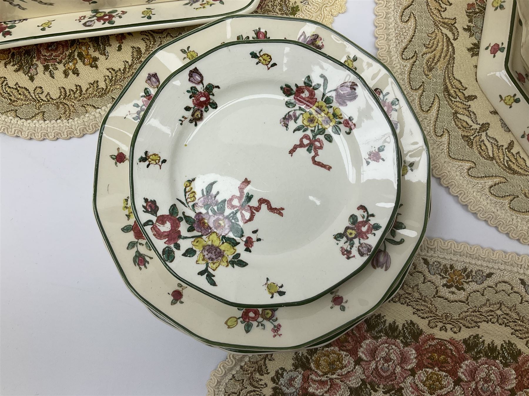 Royal Doulton part dinner service in Old Leeds Sprays pattern,  to include cheese dome, teapot and stand, egg cups etc, together with a selection of floral doilies.  