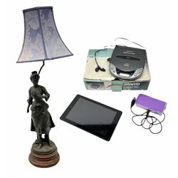 French figural spelter lamp modelled as a lady upon turned stepped circular base with blue fabric shade, H76cm and a Polaroid iD1660 camcorder together with Amazon Fire 7 9th generation tablet and compact disc player