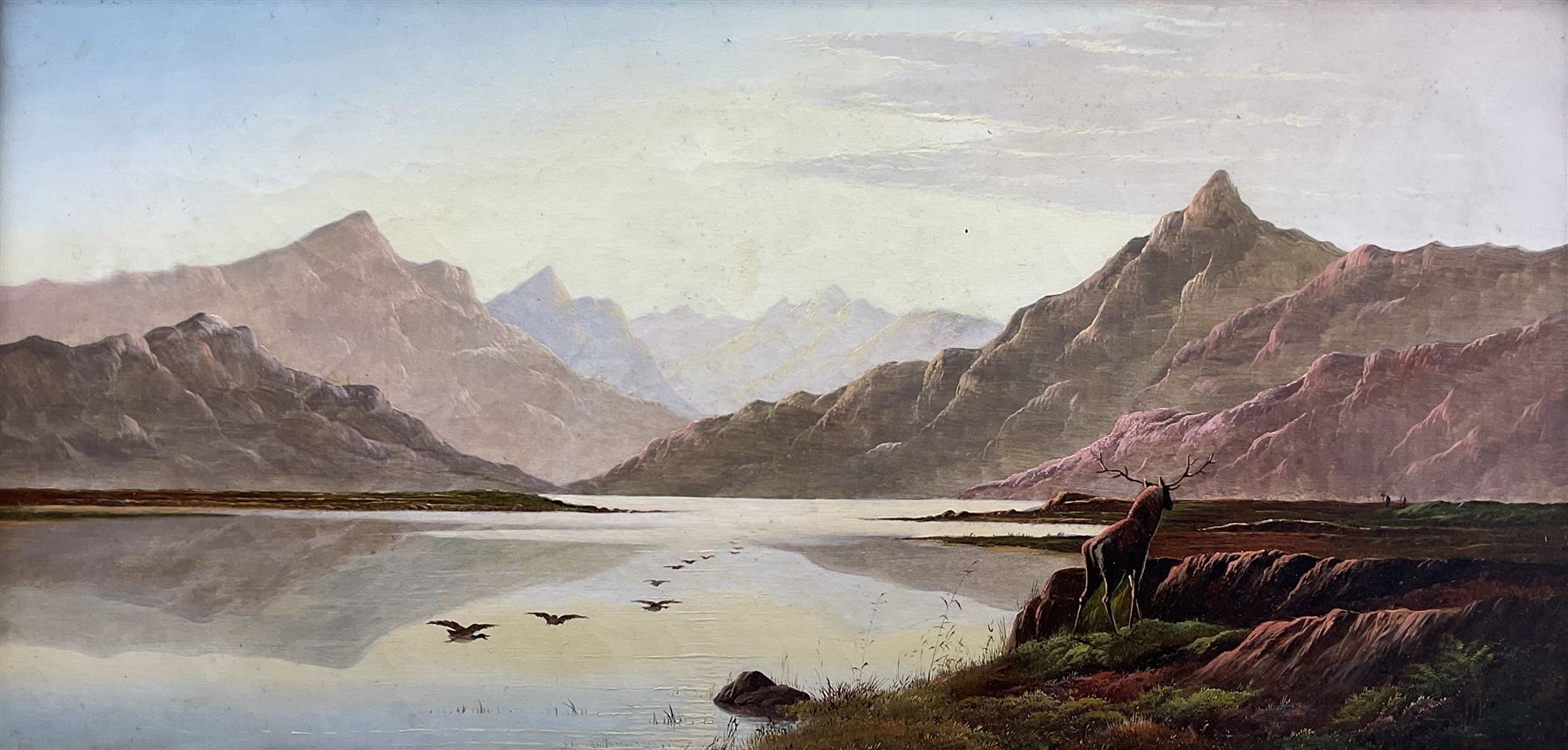 Charles Leslie (British 1839-1886): Stag on the Lochside, oil on canvas unsigned 30cm x 60cm