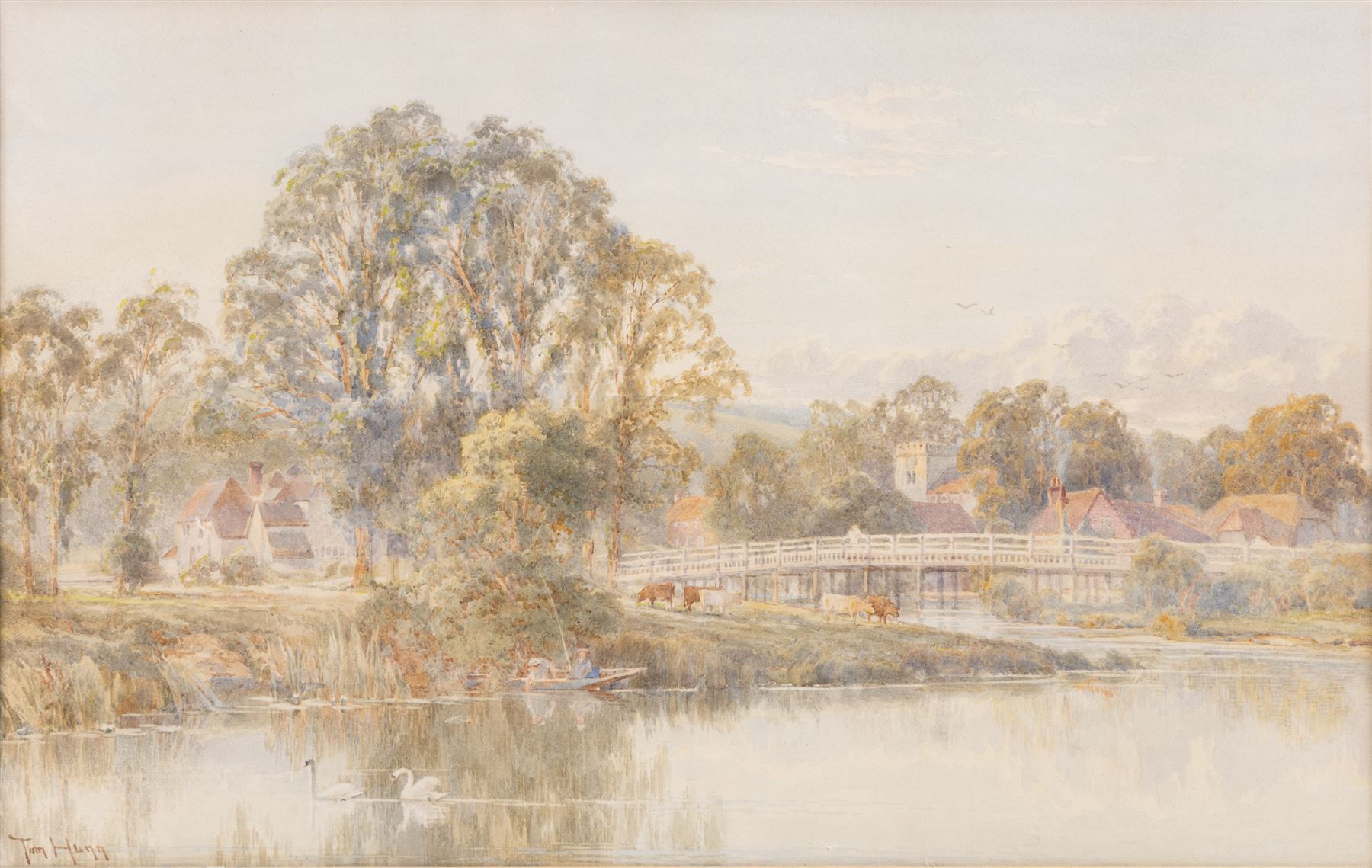 Revd Laurence George Bomford (British 1847-1926): 'On the Teign', watercolour signed titled and dated '80, 34cm x 51cm; Thomas Henry Hunn (British 1857-1928): 'At Goring Church and Mill - Beside the Thames', watercolour signed, titled in a later hand verso 30cm x 49cm (2)