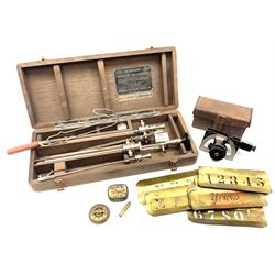 WW2 WRP Mk.5 pocket artillery clinometer No.7006, in original calf leather pouch L12cm; The McCarthy Fabrolique Pan Endoscope by American Cystoscope Makers Inc, boxed; part set of undertaker's brass stencils; Victorian brass whist marker with registration kite mark etc