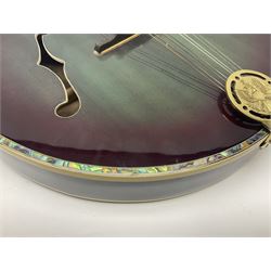 Chinese F-hole eight-string mandolin with sunburst finish, mother-of-pearl inlay of dragons chasing the flaming pearl and dragon carved headstock L71cm