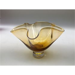 Gillies Jones orange glass bowl with crimped white rim upon a pedestal foot, H11.5cm